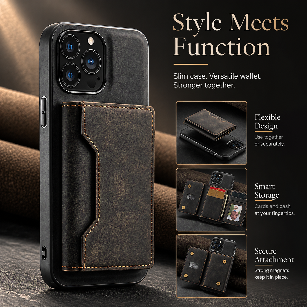 Premium iPhone Case MagSafe Detachable Leather Wallet Flip Cover Card Holder Shockproof Protective Cover Stand Full Coverage Slim Magnetic Case Design