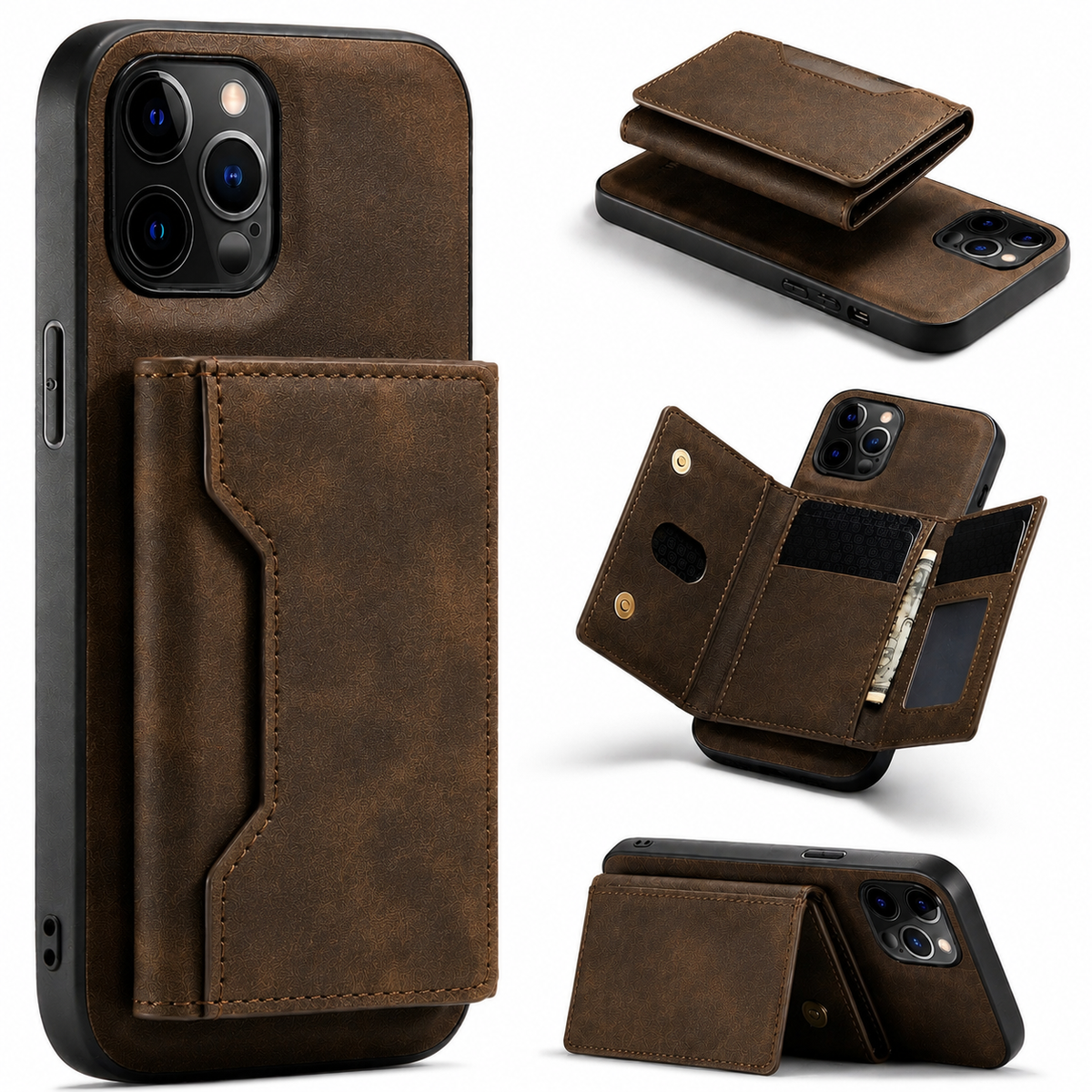 Premium iPhone Case MagSafe Detachable Leather Wallet Flip Cover Card Holder Shockproof Protective Cover Stand Full Coverage Slim Magnetic Case Design
