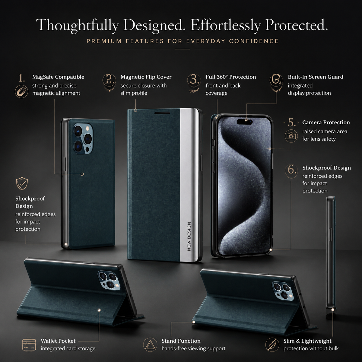 Premium iPhone Case MagSafe Flip Wallet Cover Magnetic Card Holder Stand Shockproof Screen Camera Protection Slim PU Leather Protective Design