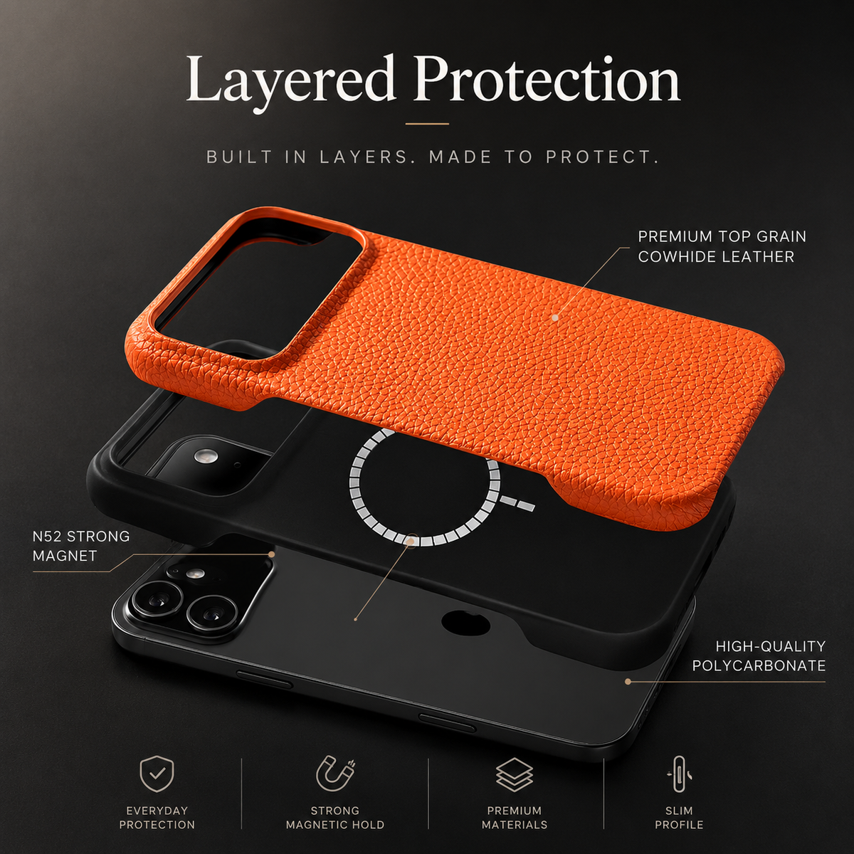 Premium iPhone Case MagSafe Genuine Cowhide Leather Magnetic Protective Cover Lychee Texture Hard PC Anti Scratch Non Slip Slim Full Coverage Back Case