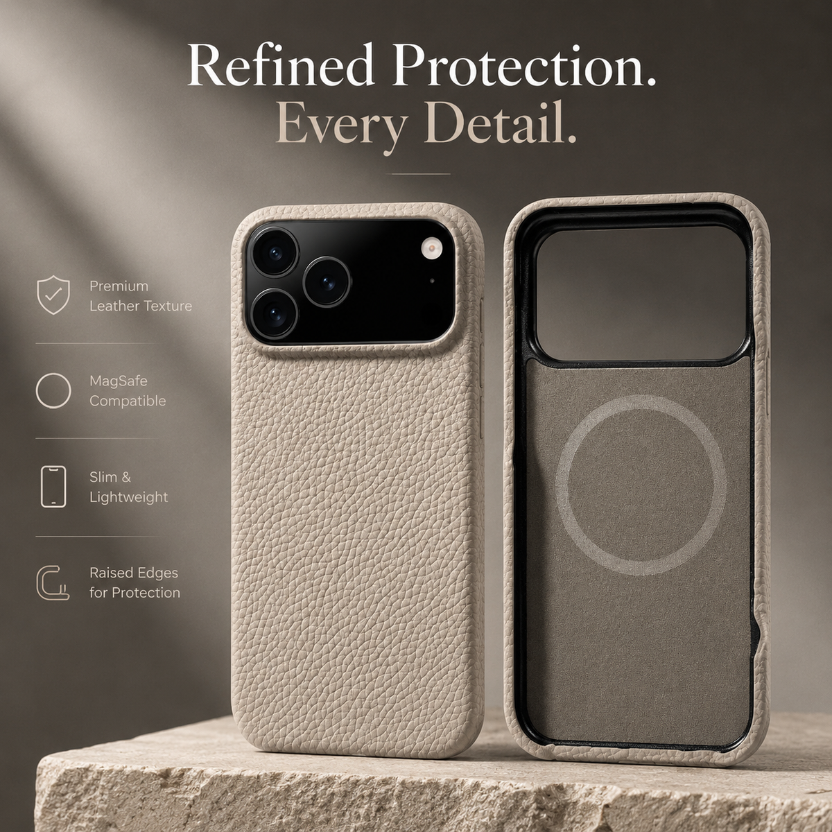 Premium iPhone Case MagSafe Genuine Cowhide Leather Magnetic Protective Cover Lychee Texture Hard PC Back Non Slip Slim Anti Scratch Full Coverage Case
