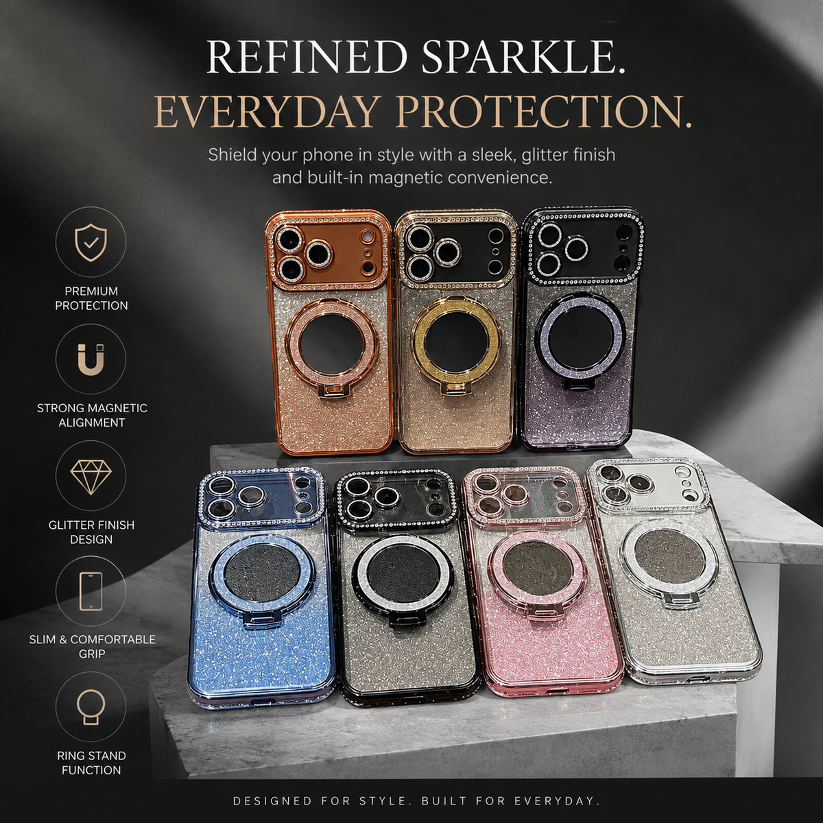 Premium iPhone Case MagSafe Glitter Diamond Clear Mirror Magnetic Ring Holder PC TPU Sparkling Shockproof Slim Protective Stand Cover Case Design