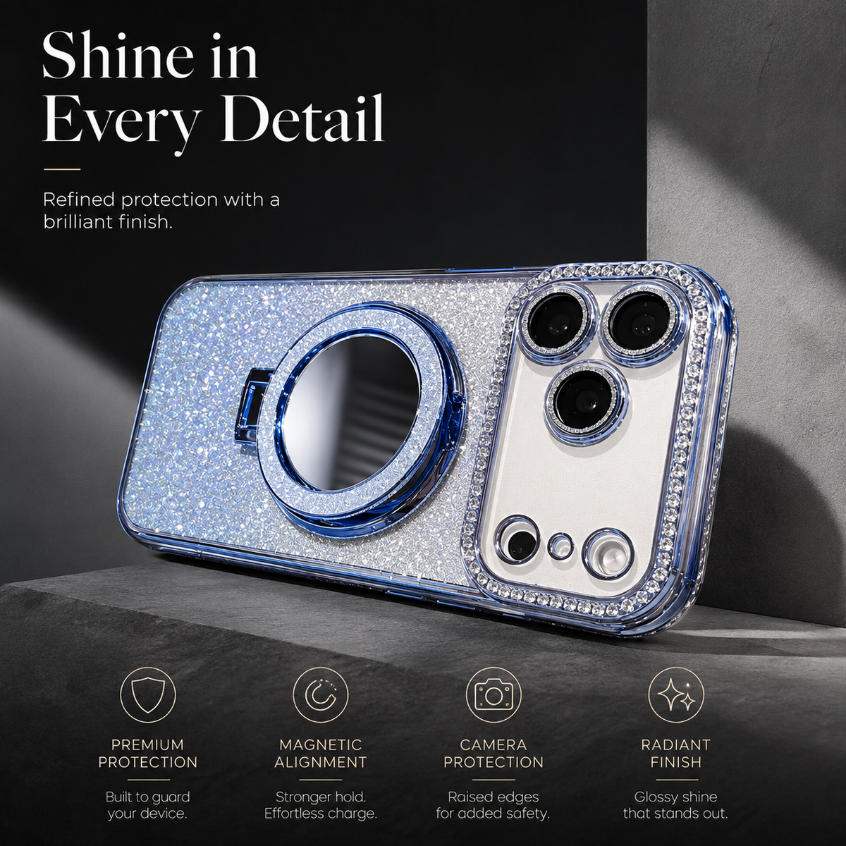 Premium iPhone Case MagSafe Glitter Diamond Clear Mirror Magnetic Ring Holder PC TPU Sparkling Shockproof Slim Protective Stand Cover Case Design