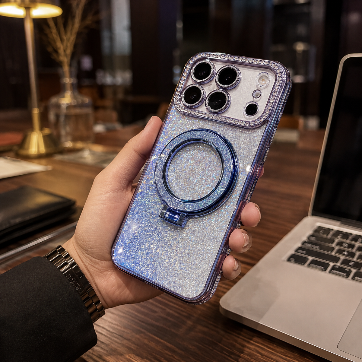 Premium iPhone Case MagSafe Glitter Diamond Clear Mirror Magnetic Ring Holder PC TPU Sparkling Shockproof Slim Protective Stand Cover Case Design