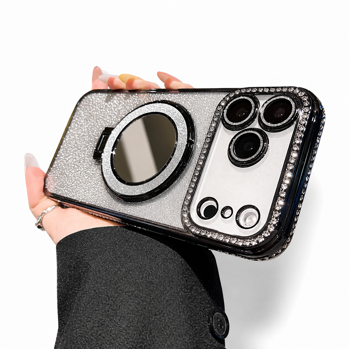 Premium iPhone Case MagSafe Glitter Diamond Clear Mirror Magnetic Ring Holder PC TPU Sparkling Shockproof Slim Protective Stand Cover Case Design
