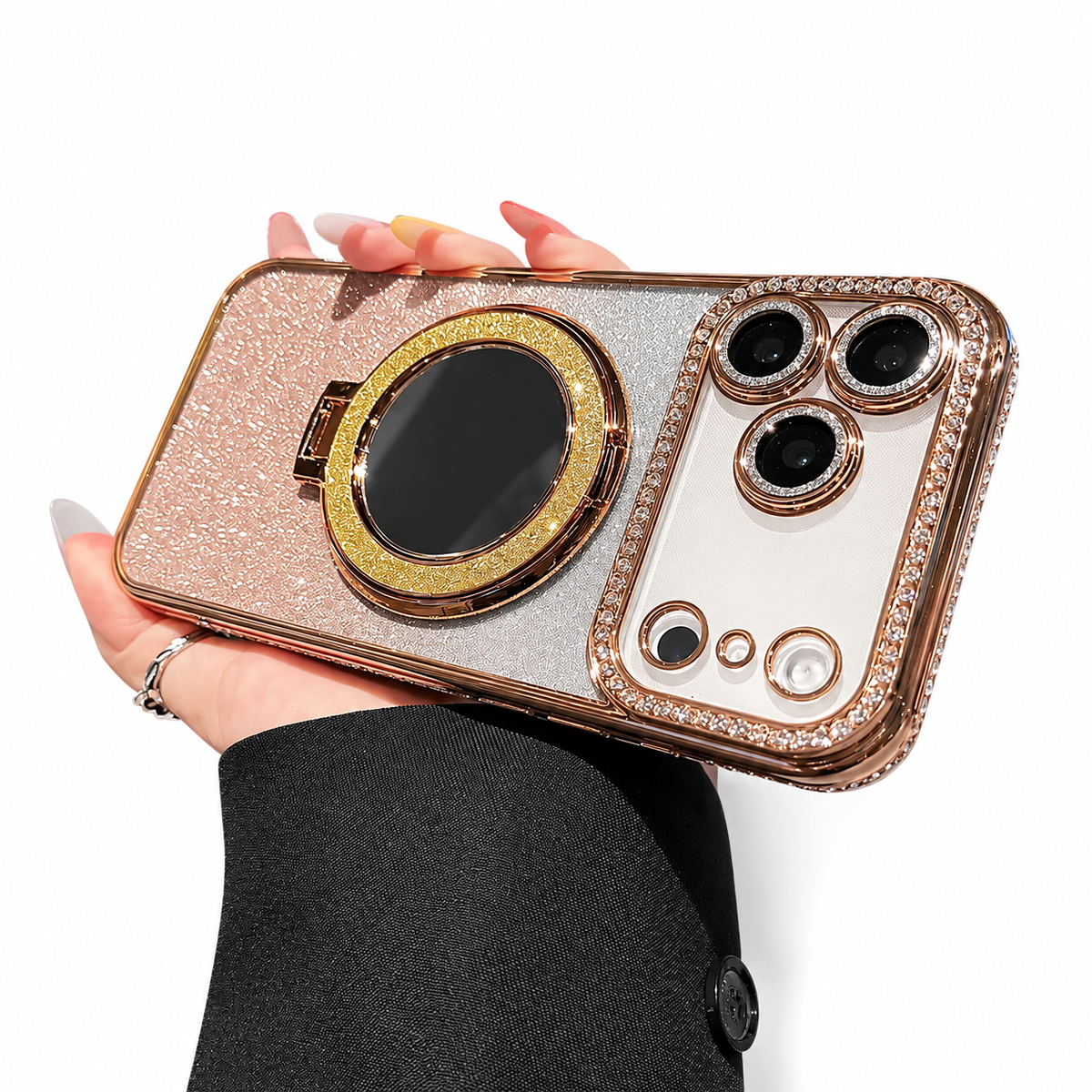 Premium iPhone Case MagSafe Glitter Diamond Clear Mirror Magnetic Ring Holder PC TPU Sparkling Shockproof Slim Protective Stand Cover Case Design