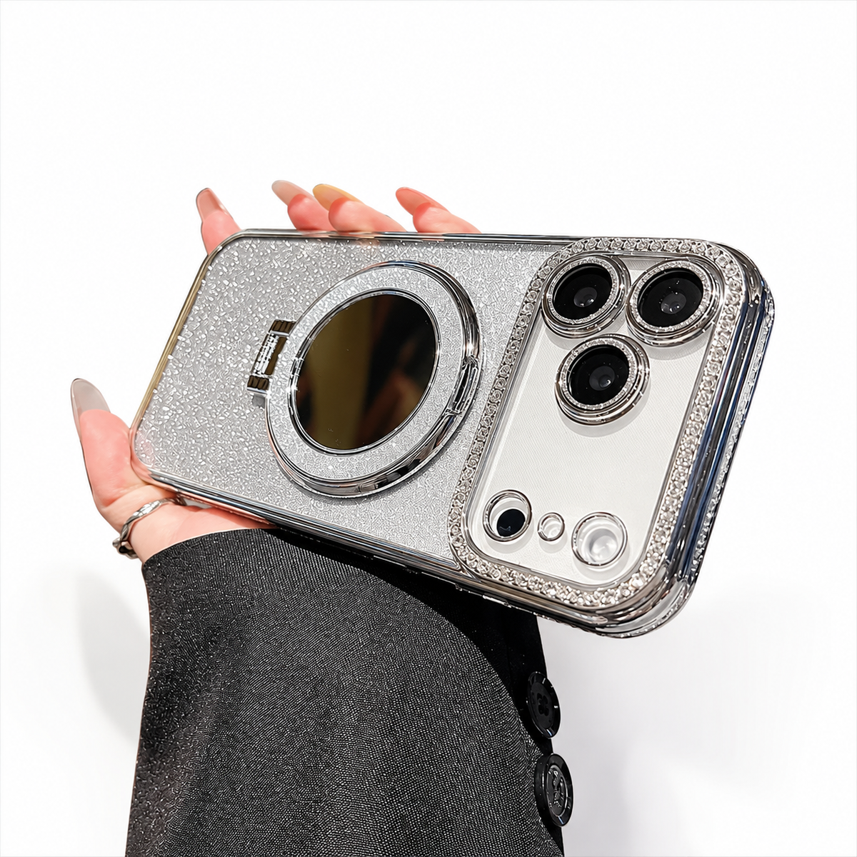 Premium iPhone Case MagSafe Glitter Diamond Clear Mirror Magnetic Ring Holder PC TPU Sparkling Shockproof Slim Protective Stand Cover Case Design
