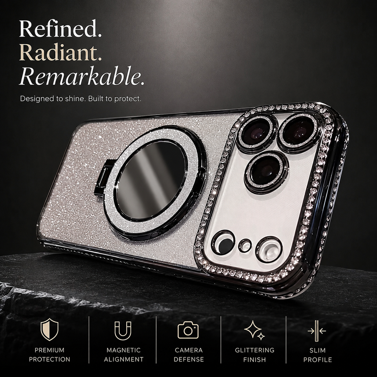 Premium iPhone Case MagSafe Glitter Diamond Clear Mirror Magnetic Ring Holder PC TPU Sparkling Shockproof Slim Protective Stand Cover Case Design