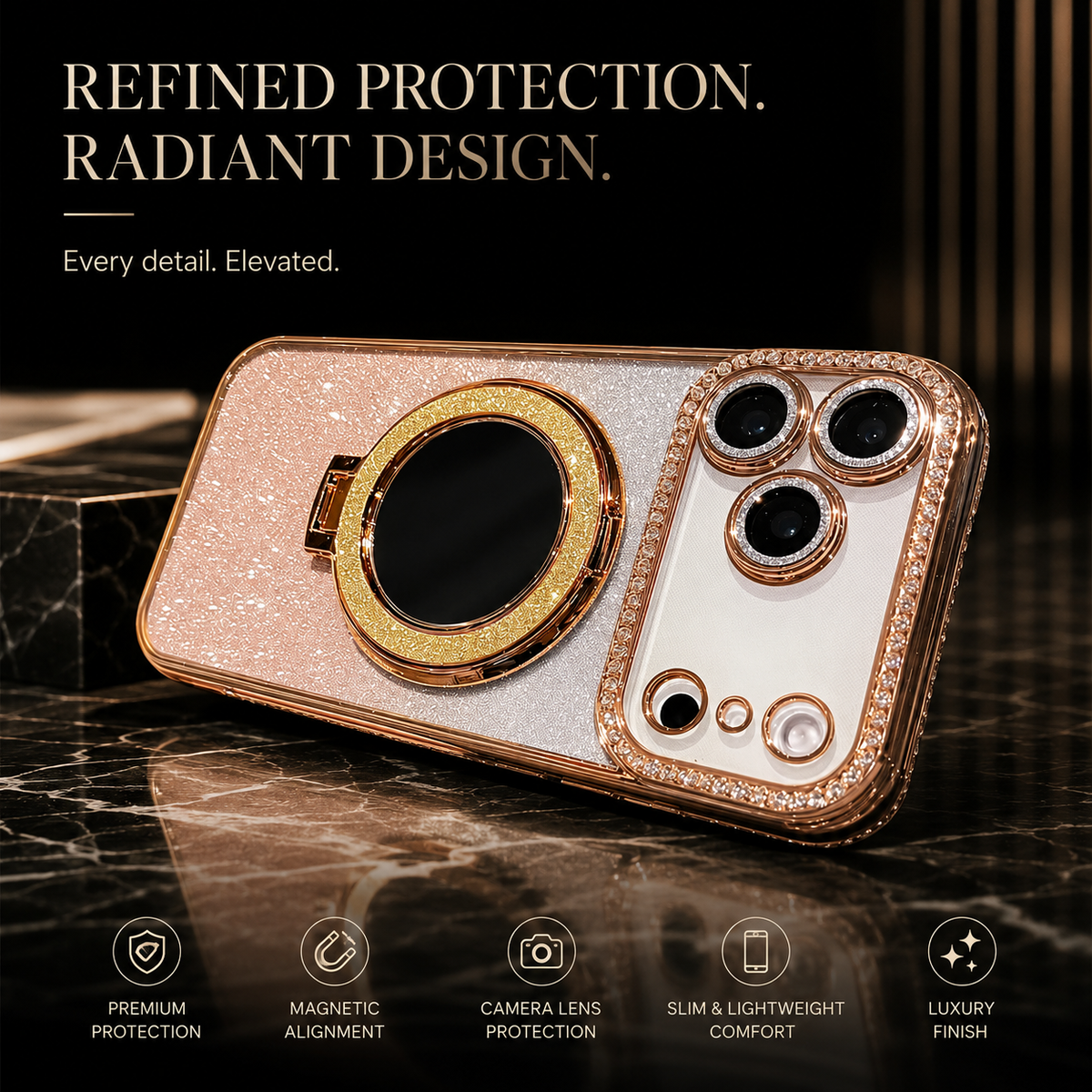 Premium iPhone Case MagSafe Glitter Diamond Clear Mirror Magnetic Ring Holder PC TPU Sparkling Shockproof Slim Protective Stand Cover Case Design