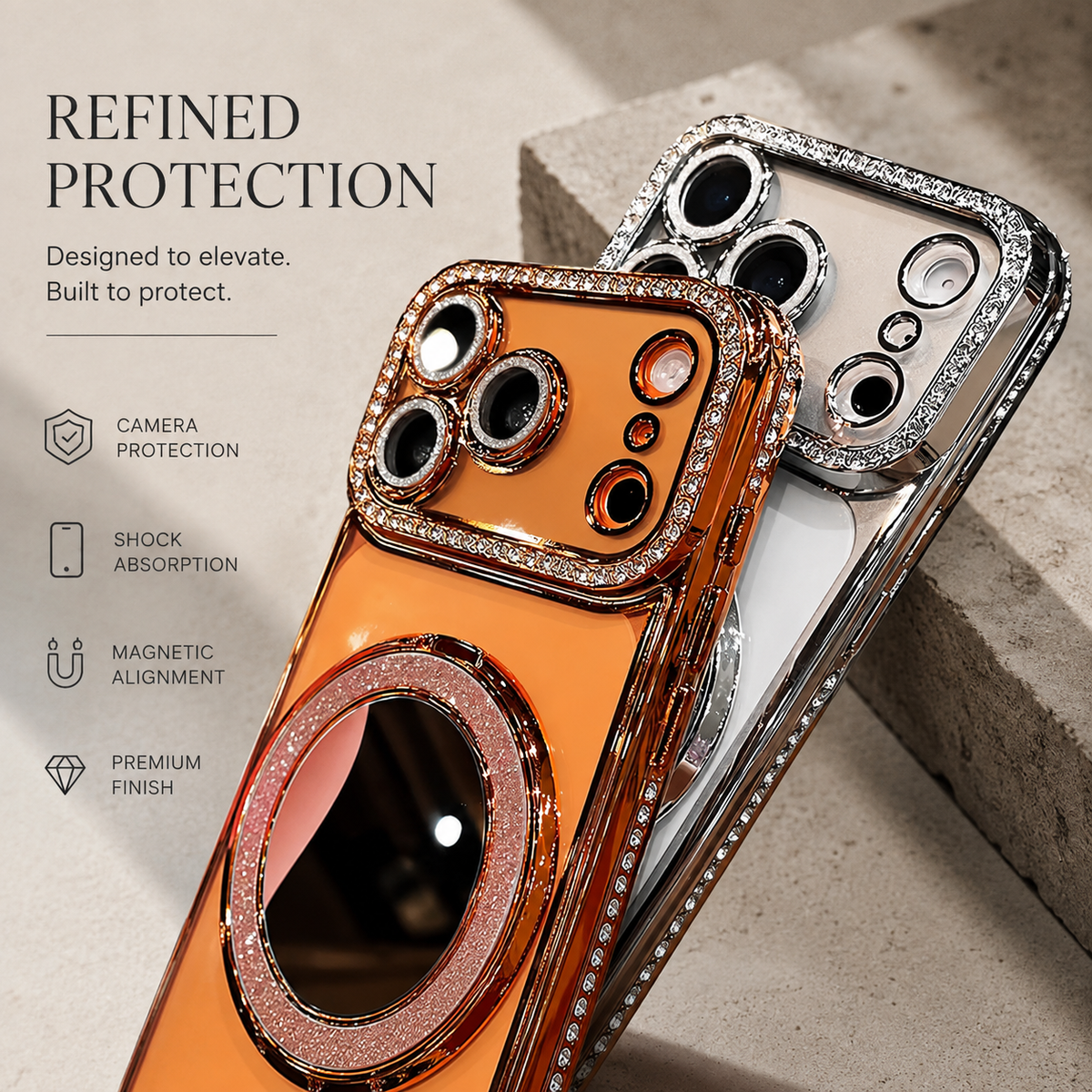 Premium iPhone Case MagSafe Glitter Lens Film Mirror Magnetic Ring Stand Clear TPU Shockproof Anti Scratch Slim Sparkling Protective Cover Case Design
