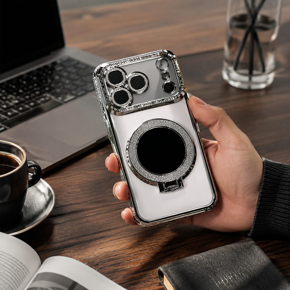 Premium iPhone Case MagSafe Glitter Lens Film Mirror Magnetic Ring Stand Clear TPU Shockproof Anti Scratch Slim Sparkling Protective Cover Case Design
