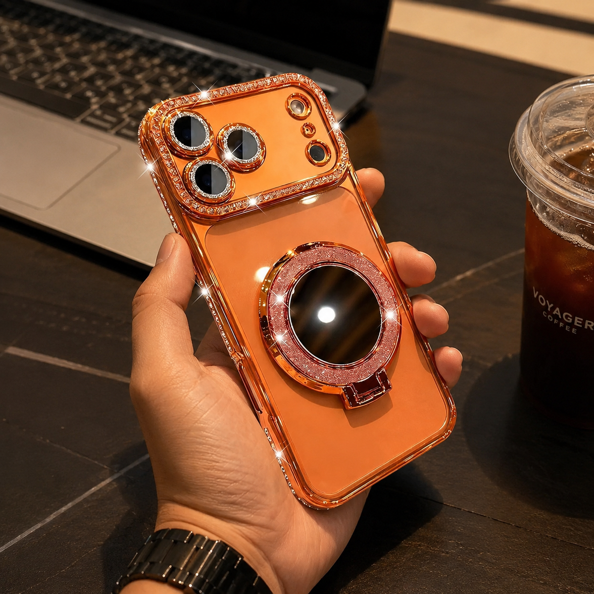 Premium iPhone Case MagSafe Glitter Lens Film Mirror Magnetic Ring Stand Clear TPU Shockproof Anti Scratch Slim Sparkling Protective Cover Case Design