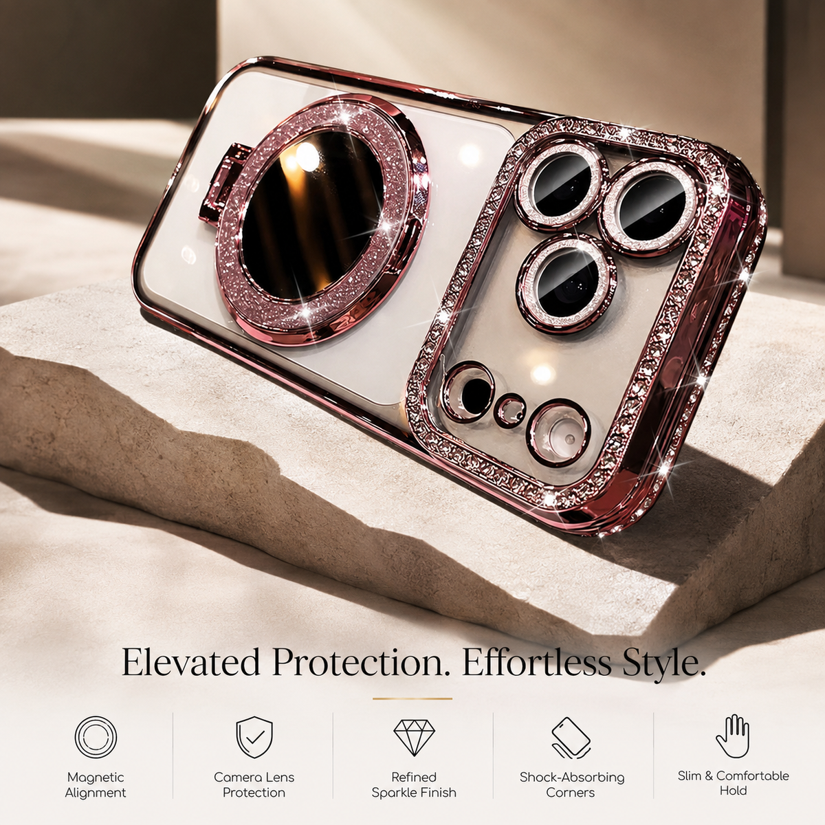 Premium iPhone Case MagSafe Glitter Lens Film Mirror Magnetic Ring Stand Clear TPU Shockproof Anti Scratch Slim Sparkling Protective Cover Case Design