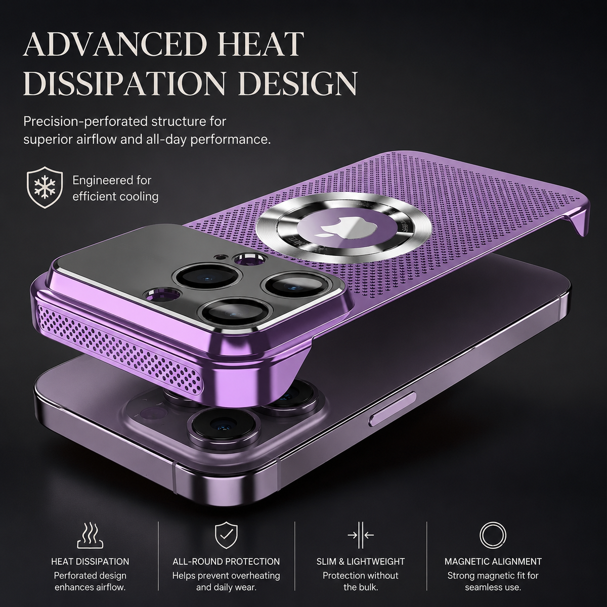Premium iPhone Case MagSafe Heat Dissipation Metal Frame Shockproof Camera Lens Protection Electroplated Slim Protective Cover Magnetic Cooling Design