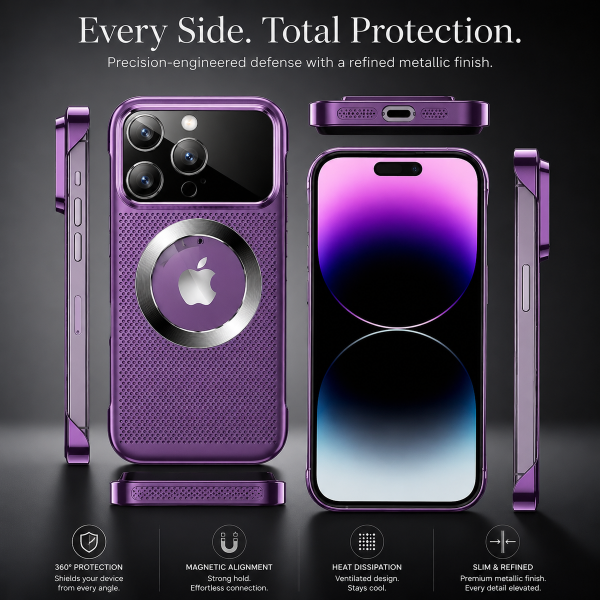 Premium iPhone Case MagSafe Heat Dissipation Metal Frame Shockproof Camera Lens Protection Electroplated Slim Protective Cover Magnetic Cooling Design