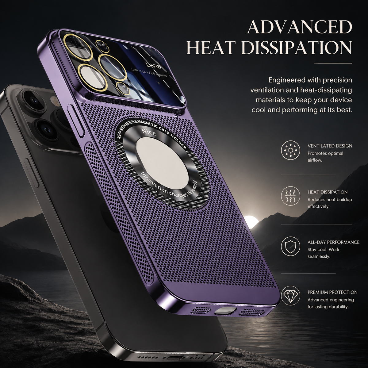 Premium iPhone Case MagSafe Heat Dissipation Metal Frame Shockproof Camera Lens Protection Electroplated Slim Protective Cover Magnetic Cooling Design