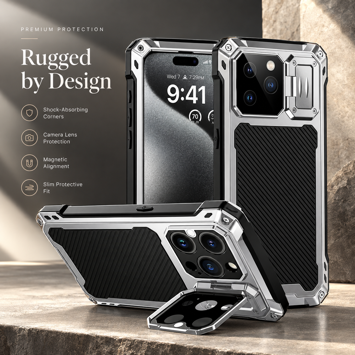 Premium iPhone Case MagSafe Heavy Duty Aluminum Armor Shockproof Full Coverage Camera Screen Protection Kickstand Non Slip Dual Layer Rugged Case