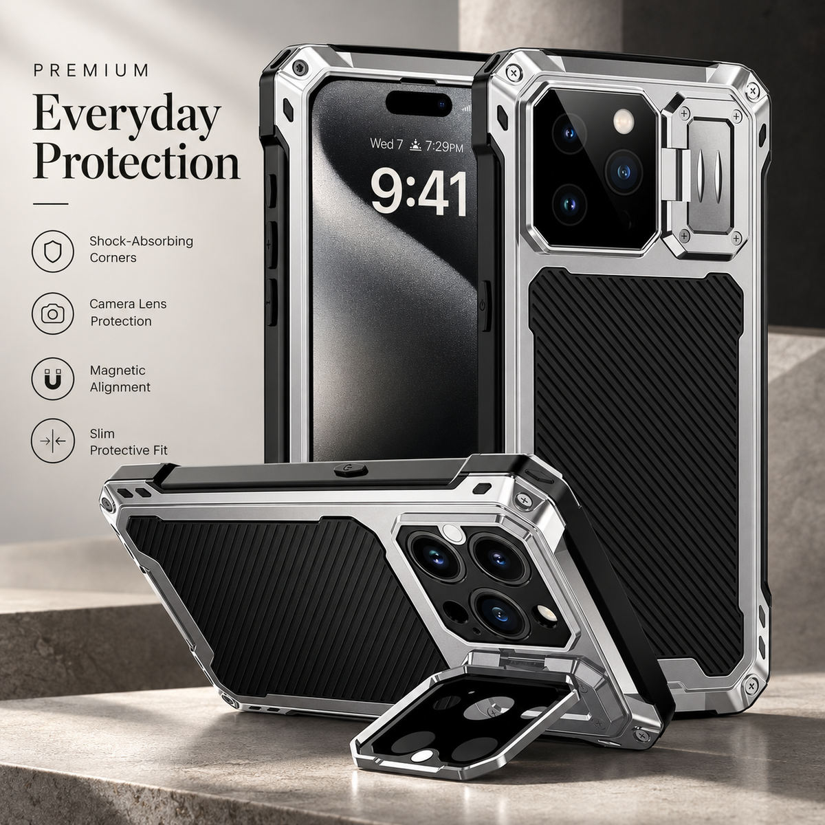 Premium iPhone Case MagSafe Heavy Duty Aluminum Armor Shockproof Full Coverage Camera Screen Protection Kickstand Non Slip Dual Layer Rugged Case