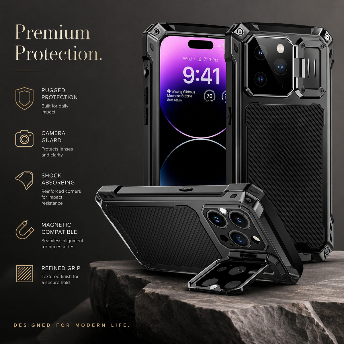 Premium iPhone Case MagSafe Heavy Duty Aluminum Armor Shockproof Full Coverage Camera Screen Protection Kickstand Non Slip Dual Layer Rugged Case