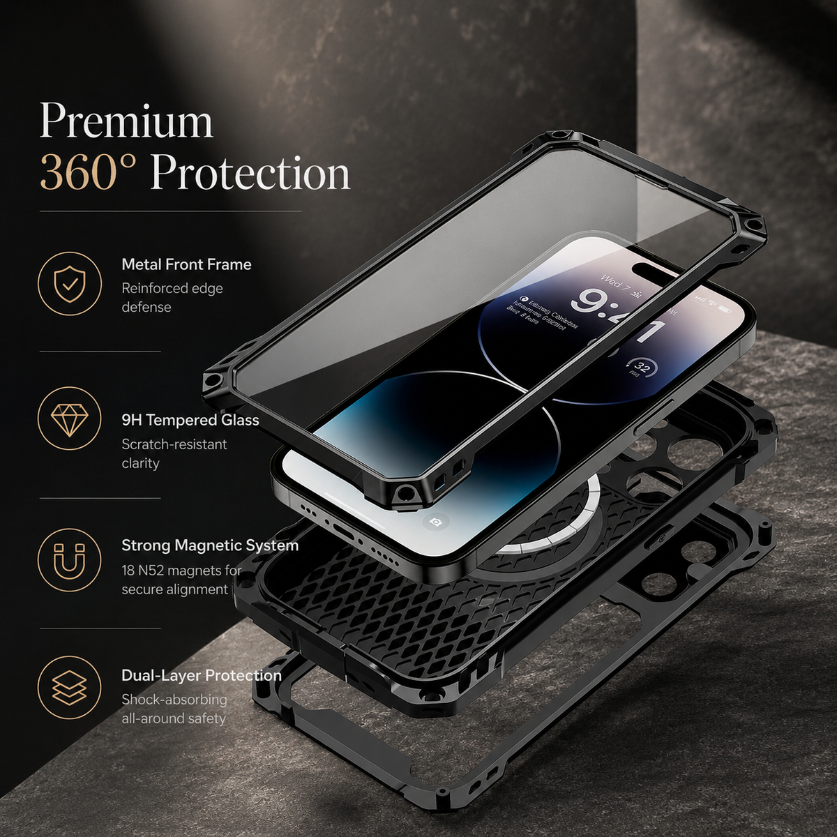 Premium iPhone Case MagSafe Heavy Duty Aluminum Armor Shockproof Full Coverage Camera Screen Protection Kickstand Non Slip Dual Layer Rugged Case