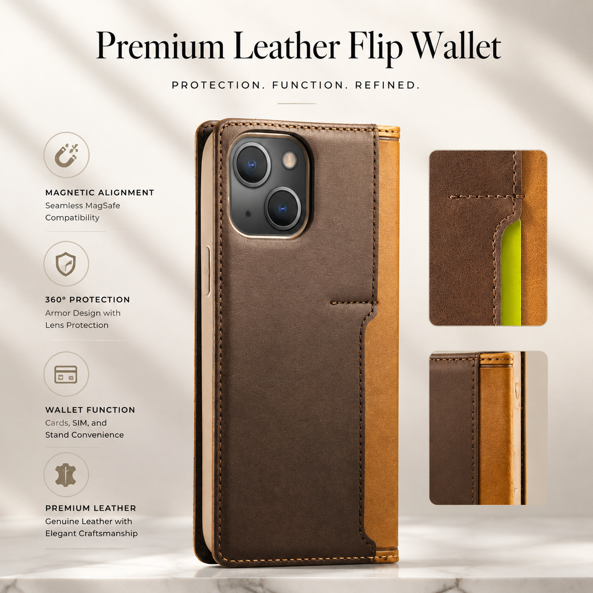 Premium iPhone Case MagSafe Leather Flip Wallet Card Holder Magnetic Closure Shockproof Camera Lens Protection Slim Full Coverage Protective Cover Fit