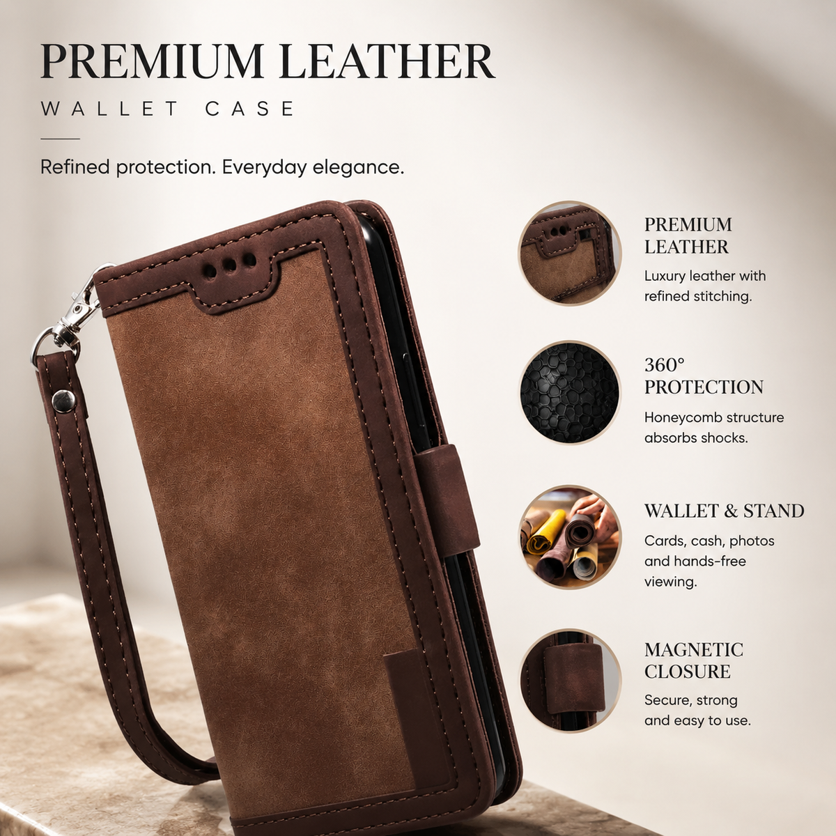 Premium iPhone Case MagSafe Leather Flip Wallet Card Holder Magnetic Closure Shockproof Camera Lens Protection Slim Full Coverage Protective Cover Fit