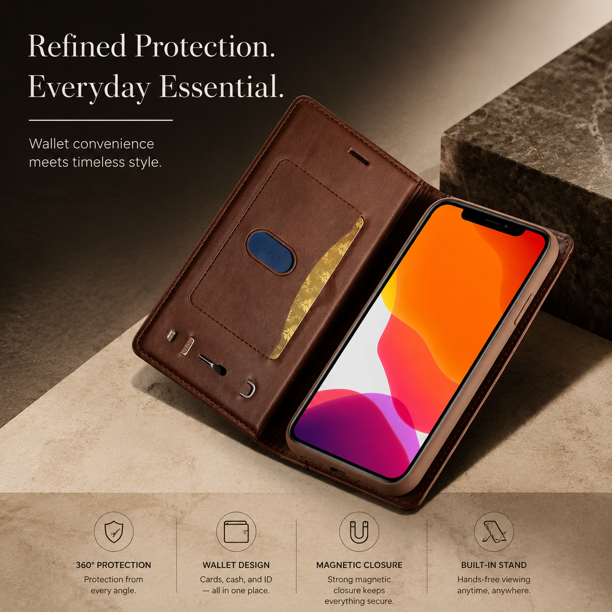 Premium iPhone Case MagSafe Leather Flip Wallet Card Holder Magnetic Closure Shockproof Camera Lens Protection Slim Full Coverage Protective Cover Fit
