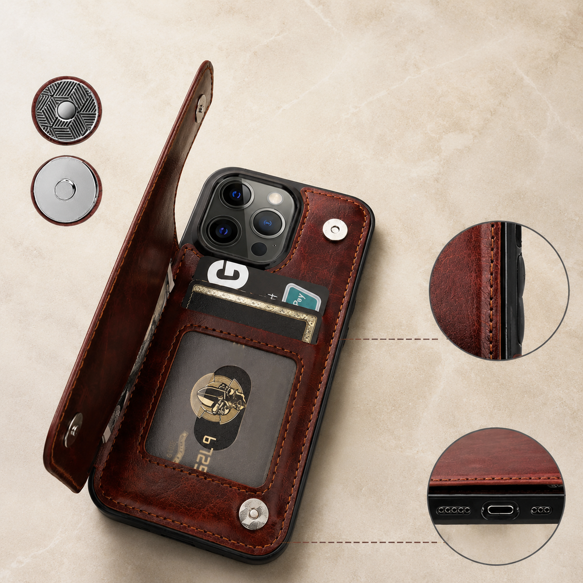 Premium iPhone Case MagSafe Leather Wallet Card Holder Flip Stand Magnetic Closure RFID Protective Cover Shockproof Camera Bumper Full Coverage Modern