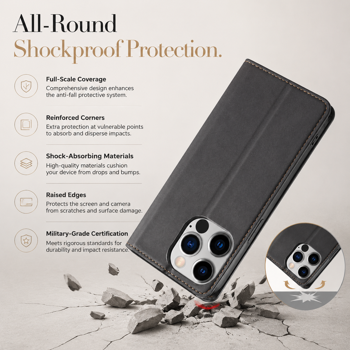 Premium iPhone Case MagSafe Leather Wallet Card Holder Flip Stand Magnetic Closure Shockproof Protective Cover Camera Protection Slim Executive Design