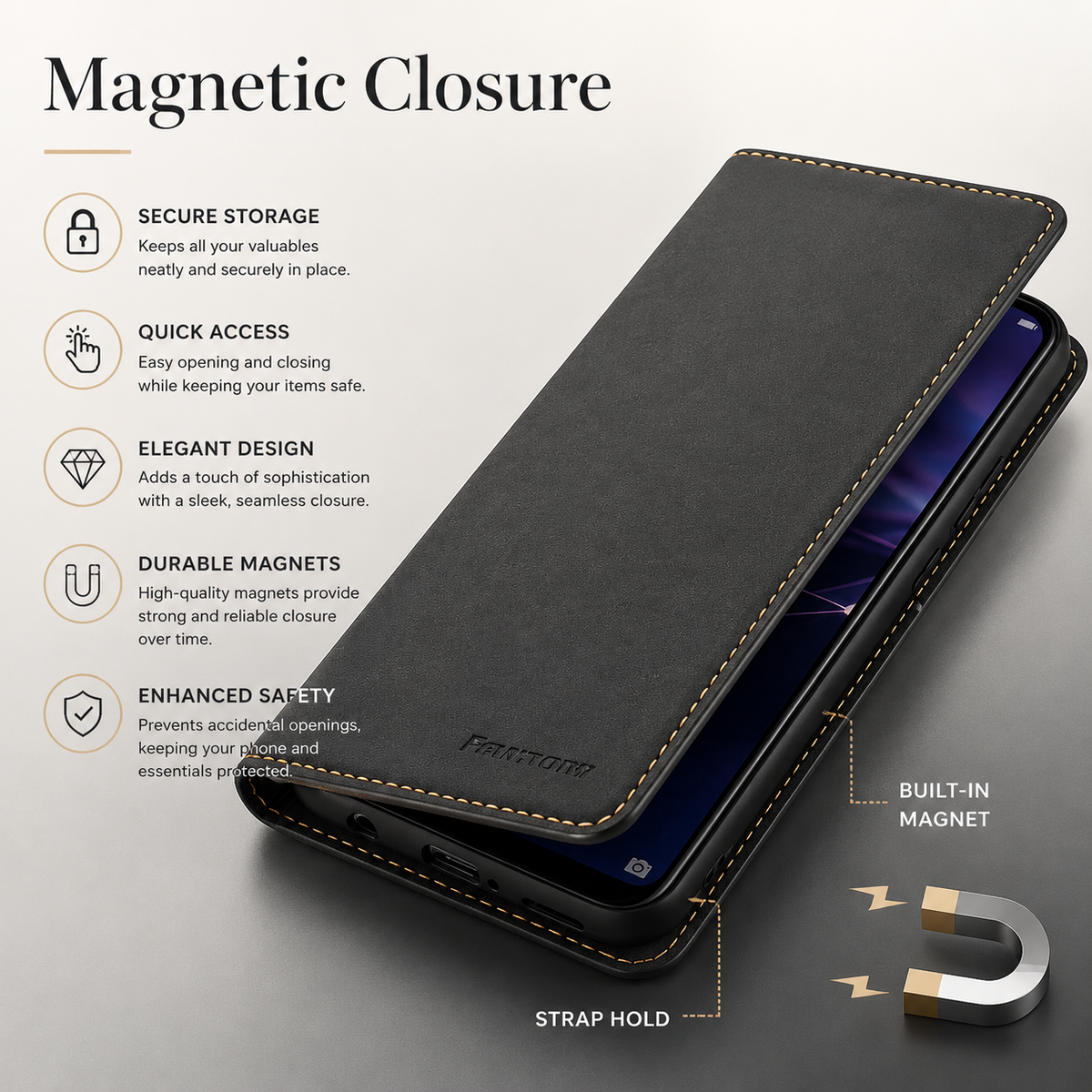 Premium iPhone Case MagSafe Leather Wallet Card Holder Flip Stand Magnetic Closure Shockproof Protective Cover Camera Protection Slim Executive Design