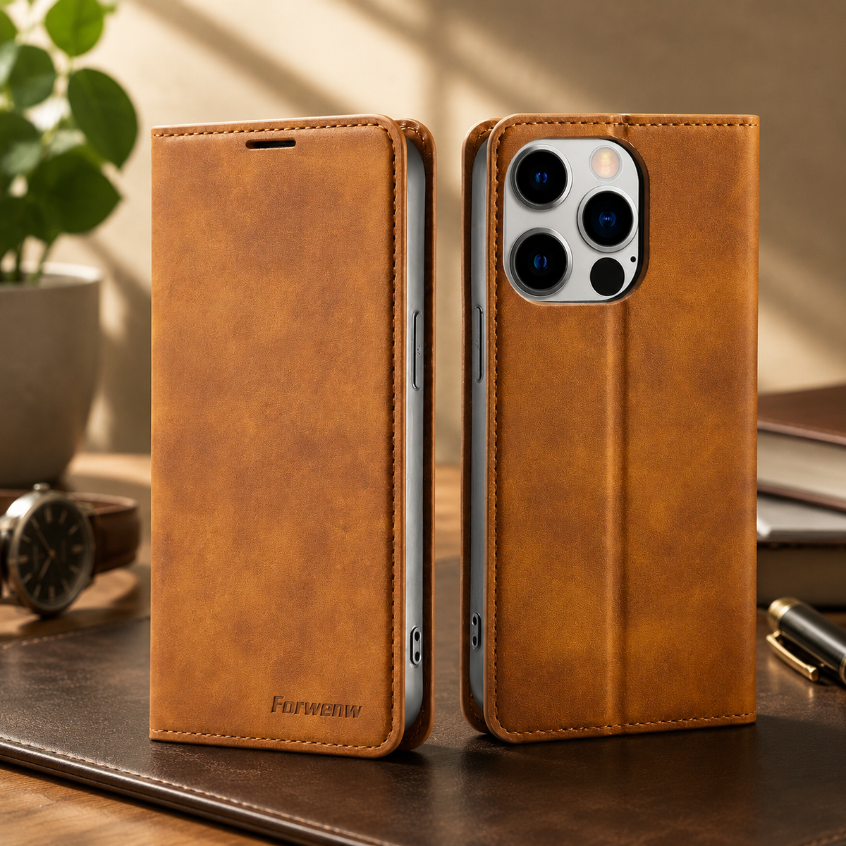 Premium iPhone Case MagSafe Leather Wallet Card Holder Flip Stand Magnetic Closure Shockproof Protective Cover Camera Protection Slim Executive Design