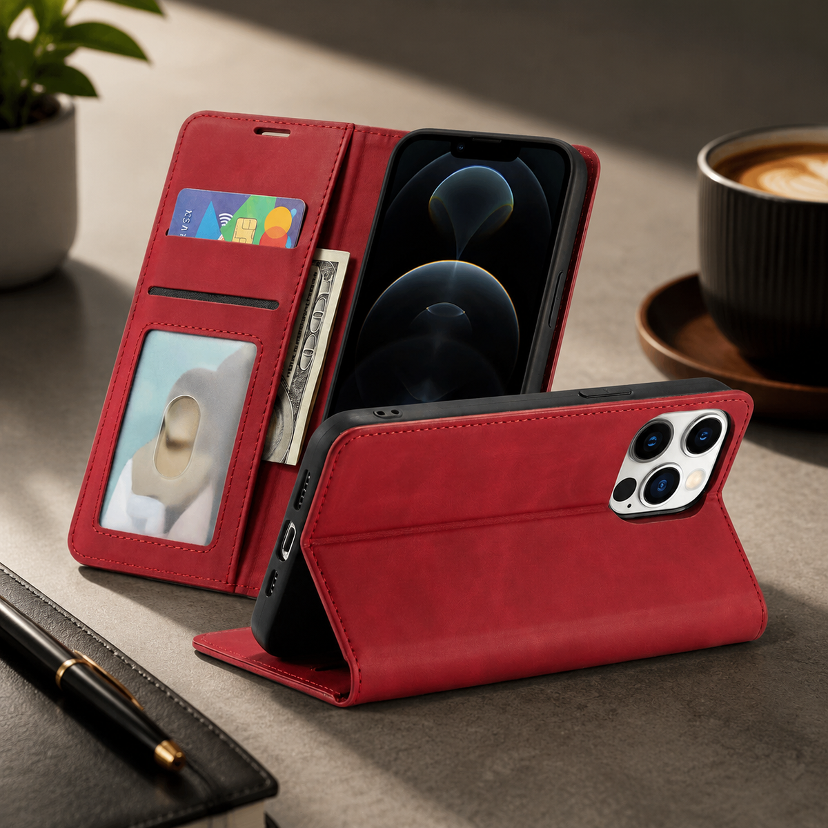 Premium iPhone Case MagSafe Leather Wallet Card Holder Flip Stand Magnetic Closure Shockproof Protective Cover Camera Protection Slim Executive Design