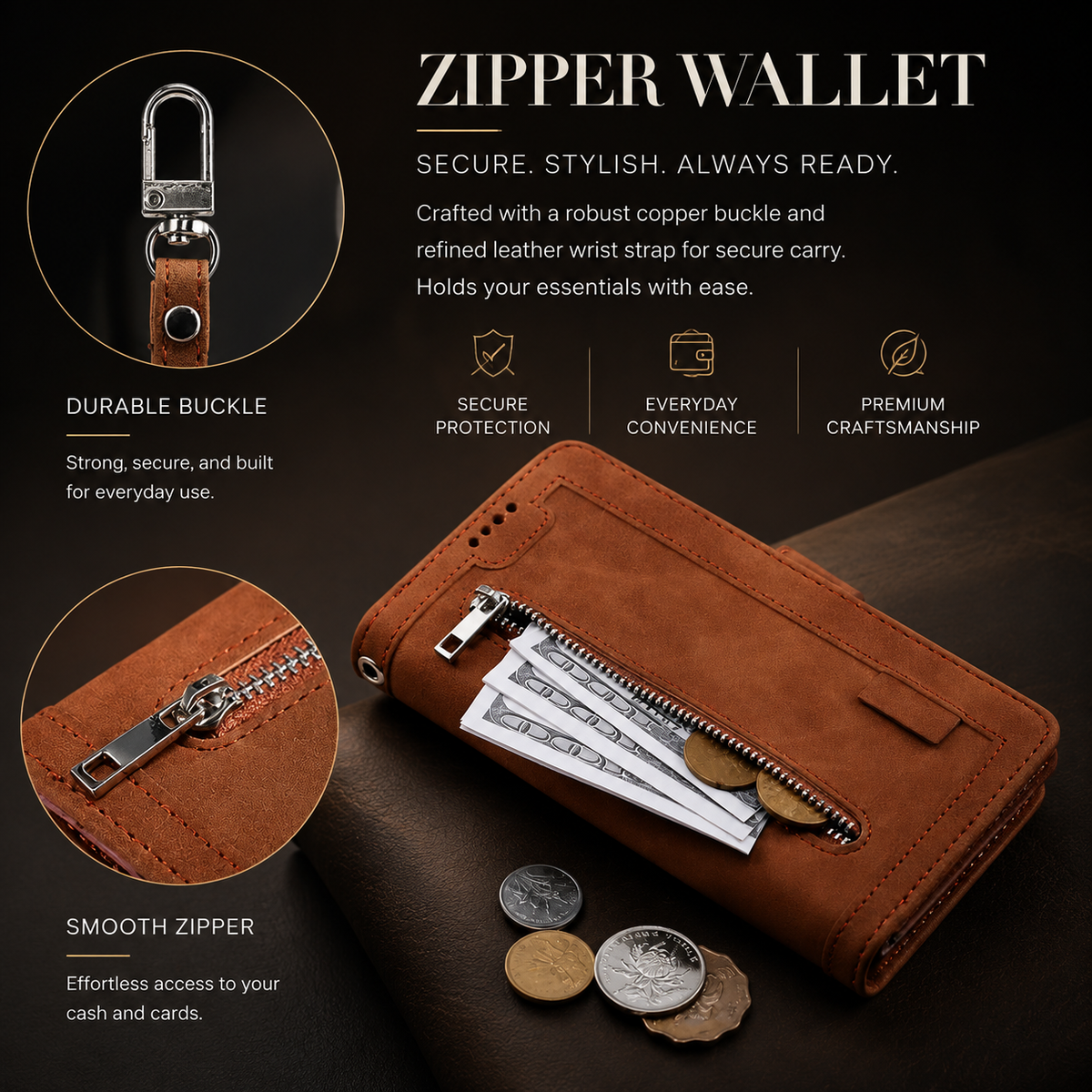 Premium iPhone Case MagSafe Leather Zipper Wallet Card Holder Flip Stand Strap Shockproof Camera Protection Magnetic Full Coverage Slim Design Clean