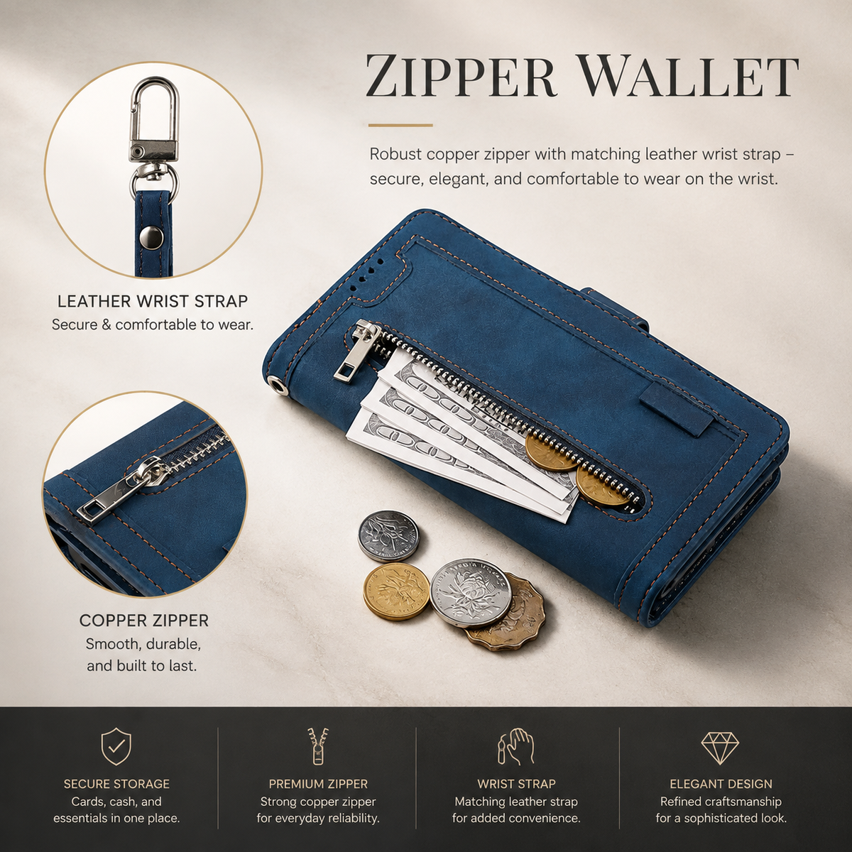 Premium iPhone Case MagSafe Leather Zipper Wallet Card Holder Flip Stand Strap Shockproof Camera Protection Magnetic Full Coverage Slim Design Clean