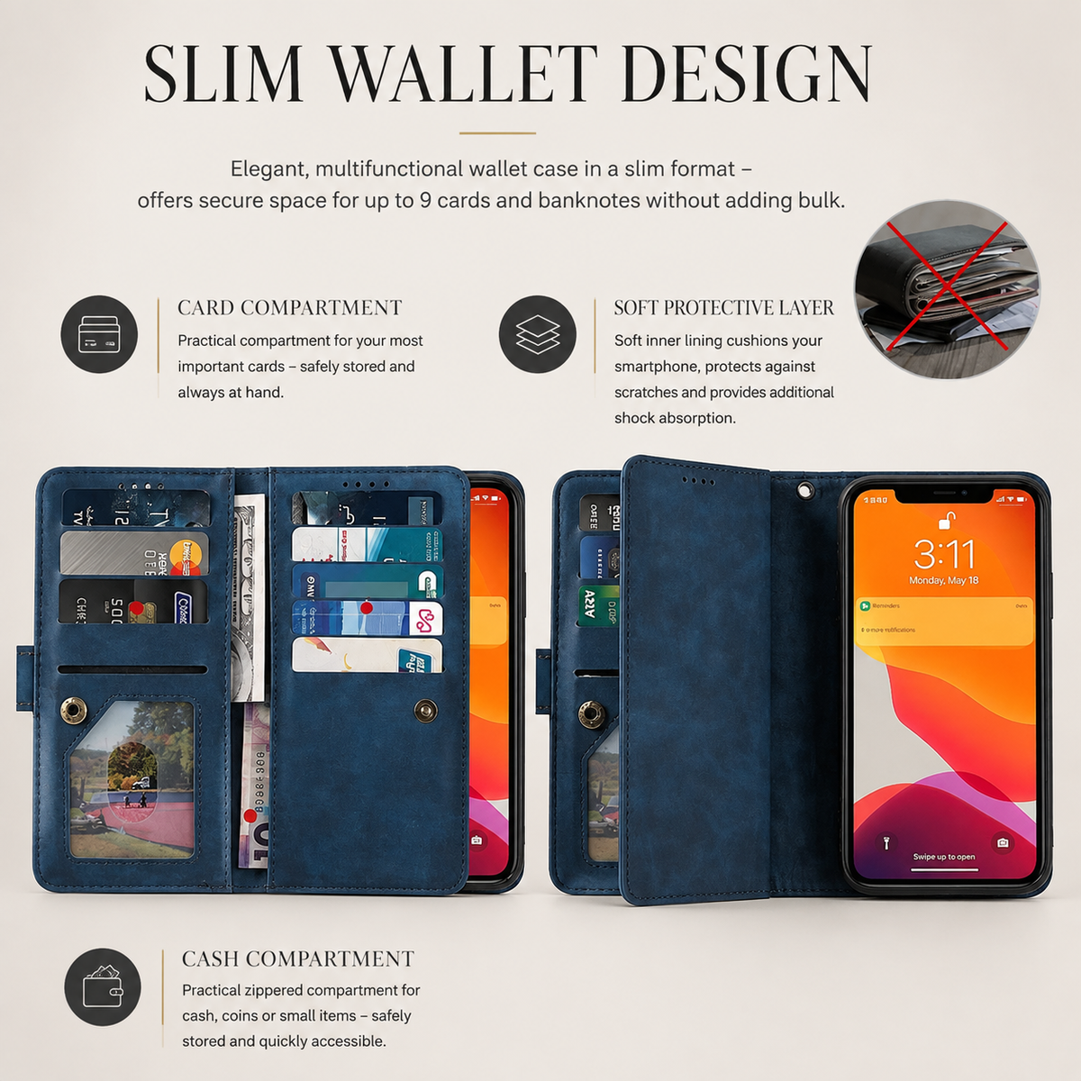 Premium iPhone Case MagSafe Leather Zipper Wallet Card Holder Flip Stand Strap Shockproof Camera Protection Magnetic Full Coverage Slim Design Clean