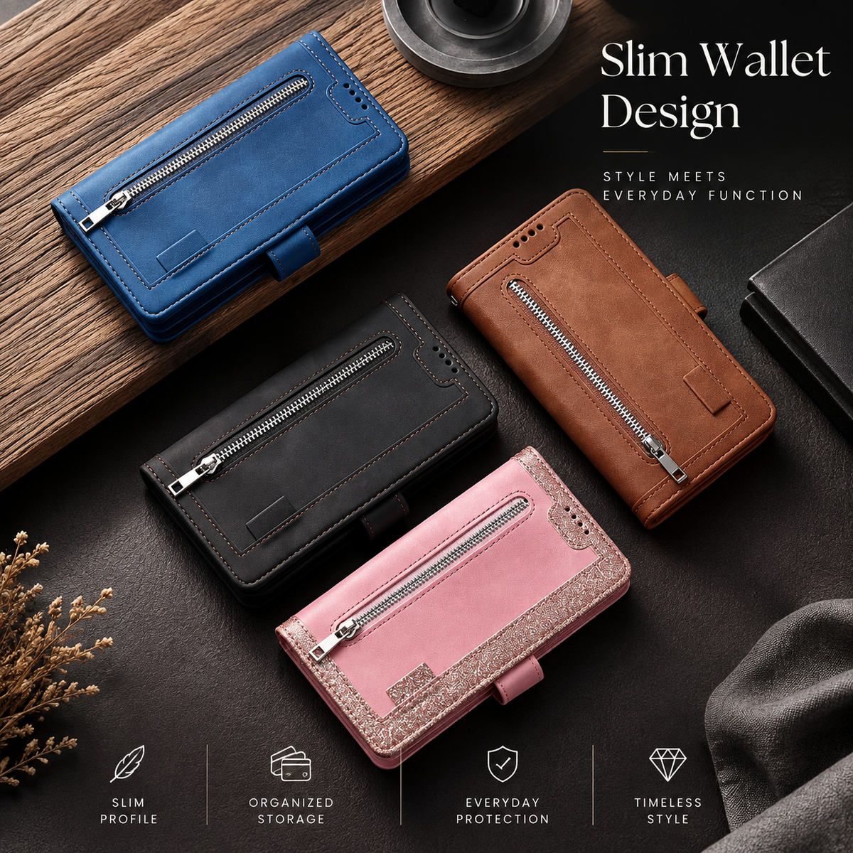 Premium iPhone Case MagSafe Leather Zipper Wallet Card Holder Flip Stand Strap Shockproof Camera Protection Magnetic Full Coverage Slim Design Clean
