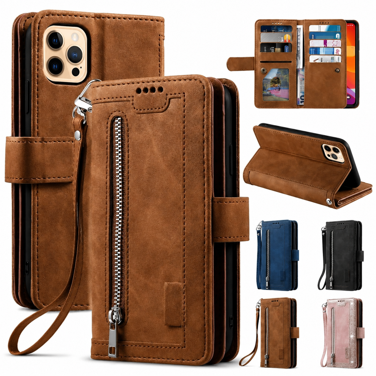 Premium iPhone Case MagSafe Leather Zipper Wallet Card Holder Flip Stand Strap Shockproof Camera Protection Magnetic Full Coverage Slim Design Clean