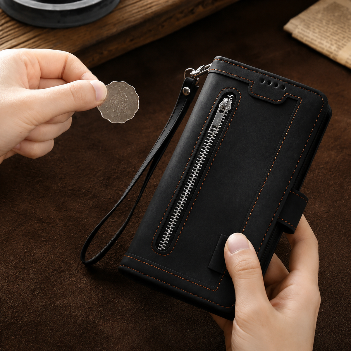 Premium iPhone Case MagSafe Leather Zipper Wallet Card Holder Flip Stand Strap Shockproof Camera Protection Magnetic Full Coverage Slim Design Clean