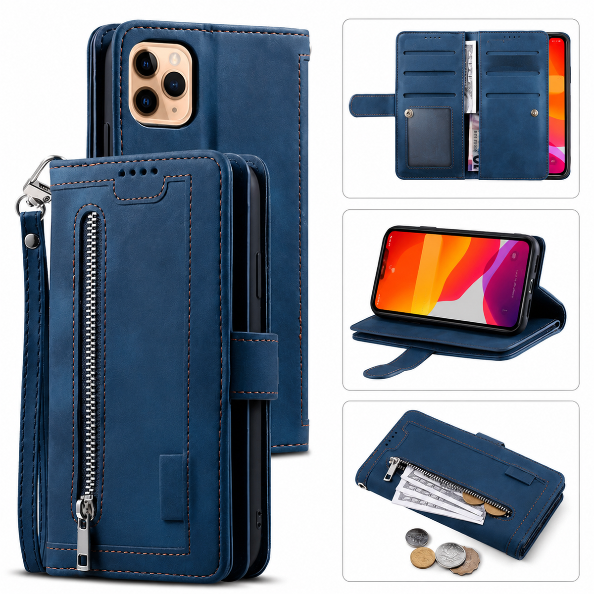 Premium iPhone Case MagSafe Leather Zipper Wallet Card Holder Flip Stand Strap Shockproof Camera Protection Magnetic Full Coverage Slim Design Clean