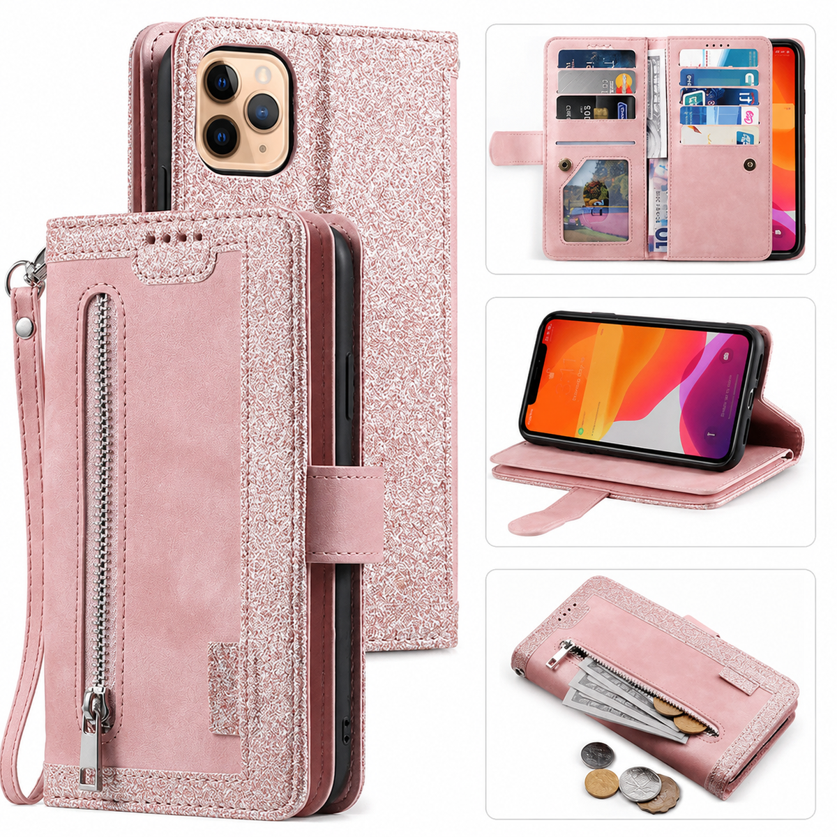Premium iPhone Case MagSafe Leather Zipper Wallet Card Holder Flip Stand Strap Shockproof Camera Protection Magnetic Full Coverage Slim Design Clean