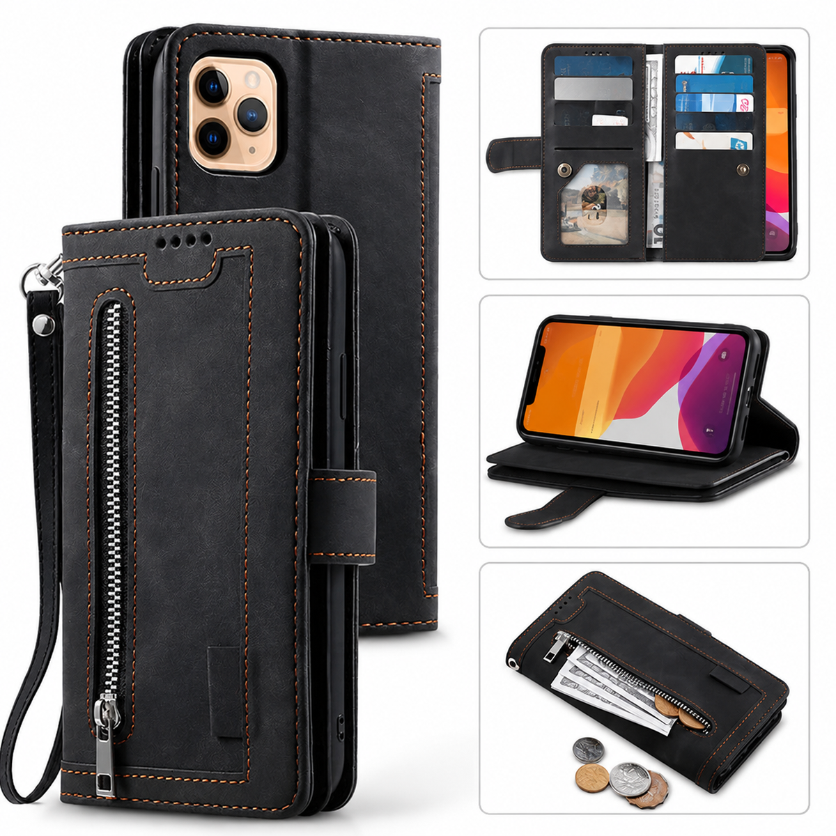 Premium iPhone Case MagSafe Leather Zipper Wallet Card Holder Flip Stand Strap Shockproof Camera Protection Magnetic Full Coverage Slim Design Clean