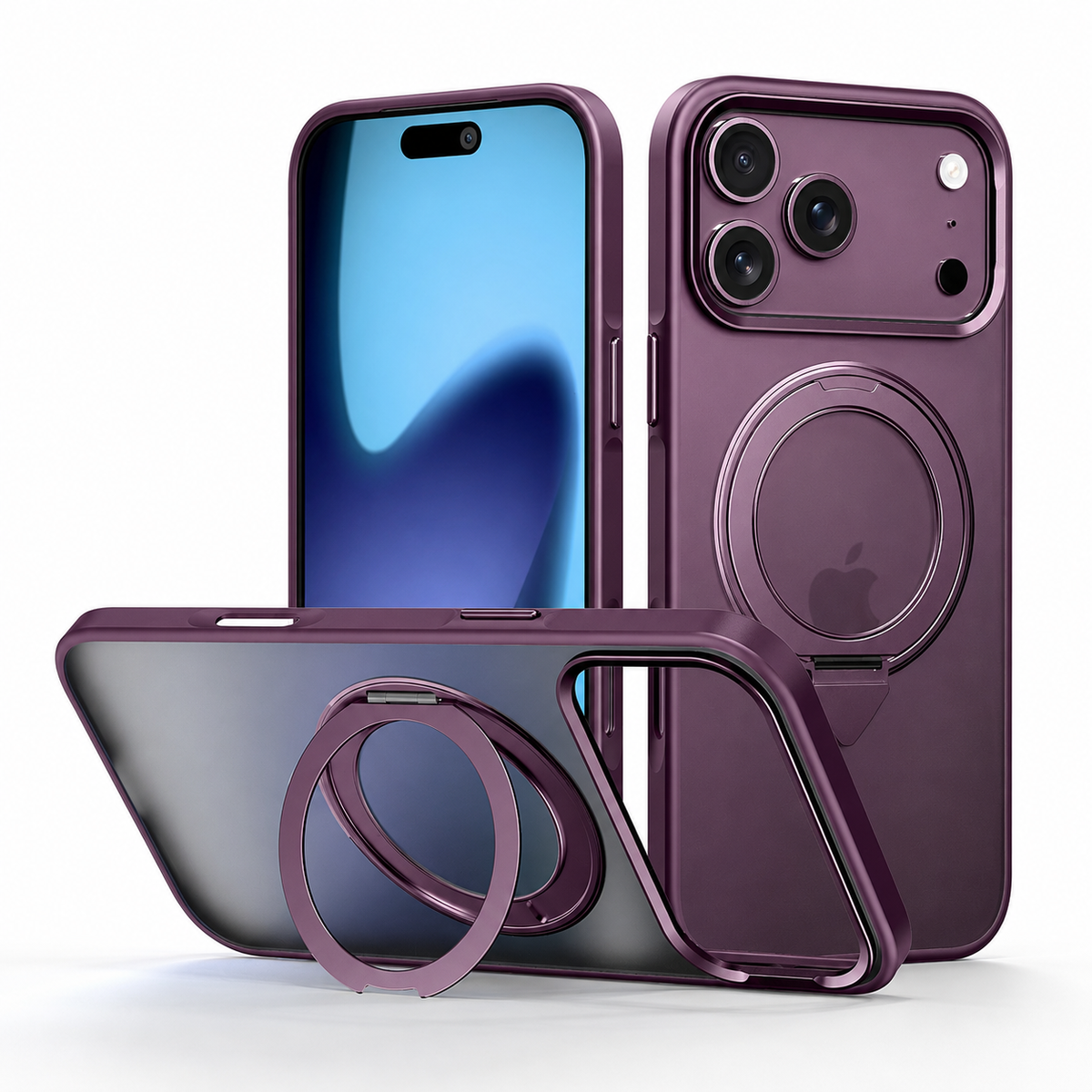 Premium iPhone Case MagSafe Magnetic 360 Rotating Stand Metal Lens Guard Skin Feel Shockproof Slim Fit Anti Drop Non Slip Durable Protective Phone Cover Case