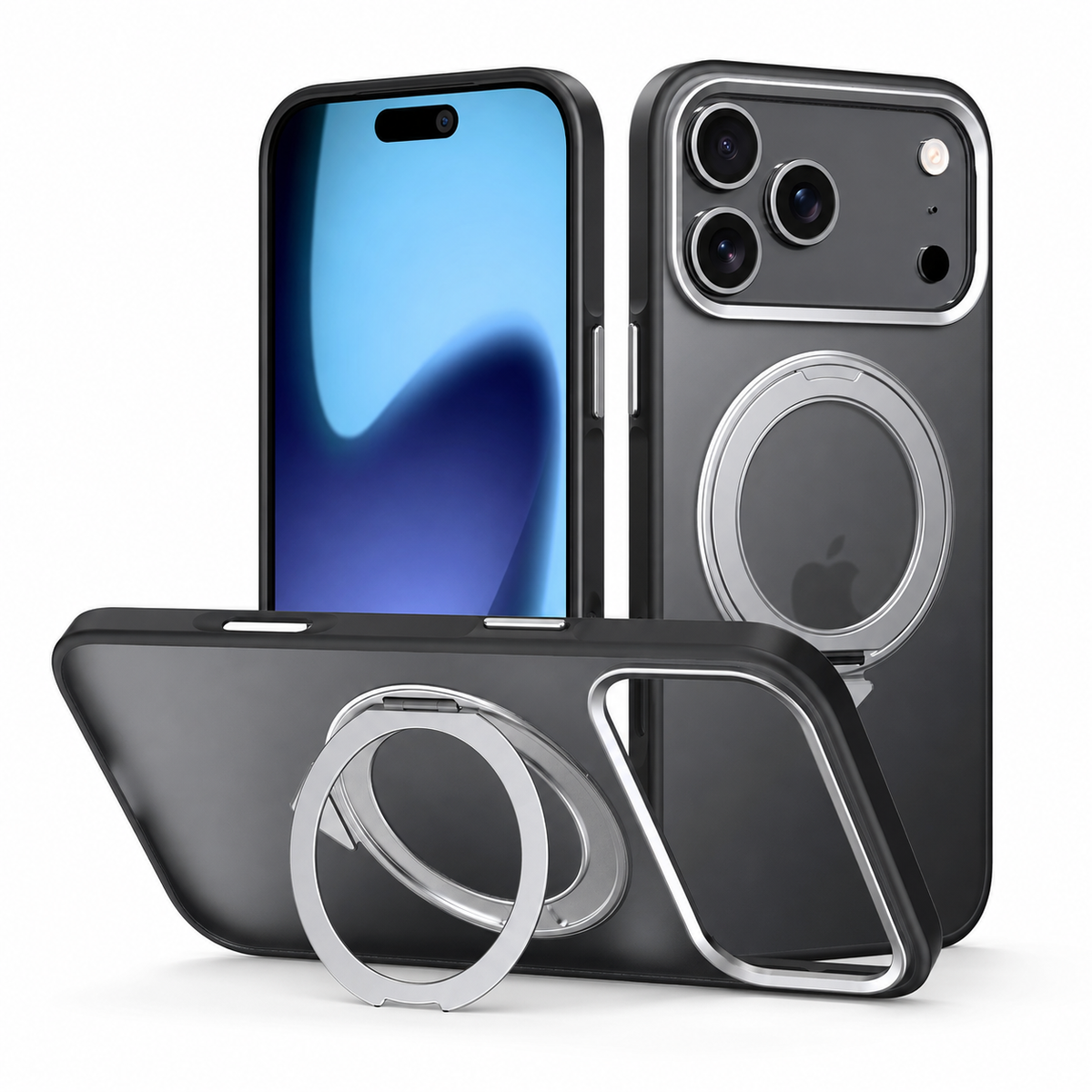 Premium iPhone Case MagSafe Magnetic 360 Rotating Stand Metal Lens Guard Skin Feel Shockproof Slim Fit Anti Drop Non Slip Durable Protective Phone Cover Case
