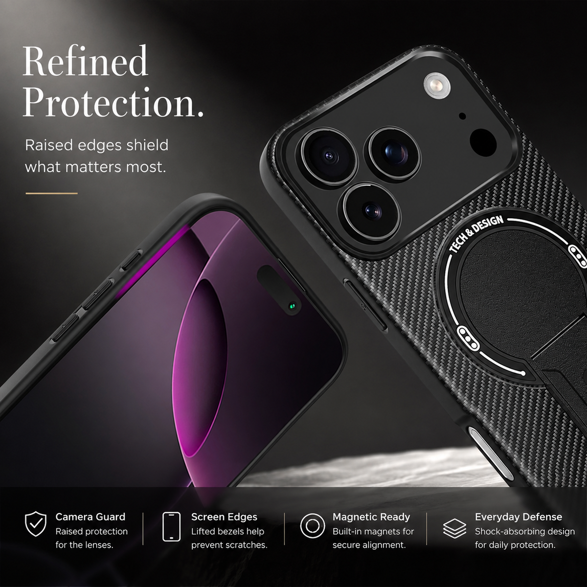 Premium iPhone Case MagSafe Magnetic Armor Carbon Fiber Shockproof PC TPU Ring Stand Kickstand Anti Scratch Non Slip Heavy Duty Full Coverage Cover