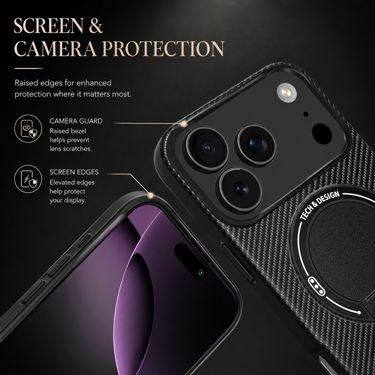 Premium iPhone Case MagSafe Magnetic Armor Carbon Fiber Shockproof PC TPU Ring Stand Kickstand Anti Scratch Non Slip Heavy Duty Full Coverage Cover