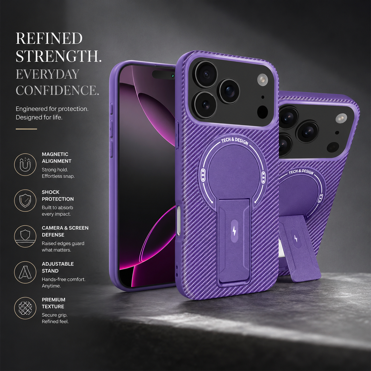 Premium iPhone Case MagSafe Magnetic Armor Carbon Fiber Shockproof PC TPU Ring Stand Kickstand Anti Scratch Non Slip Heavy Duty Full Coverage Cover