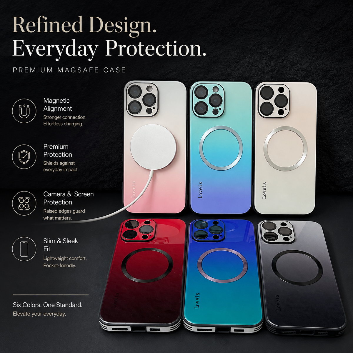 Premium iPhone Case MagSafe Magnetic Gradient Large Window Shockproof PC TPU Acrylic Protective Cover Anti Scratch Reflective Glitter Soft Case