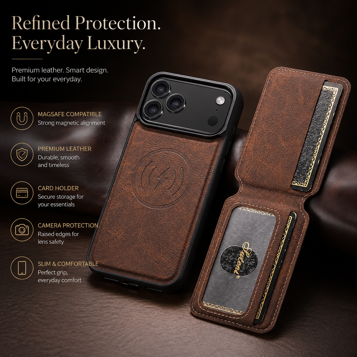 Premium iPhone Case MagSafe Magnetic PU Leather Wallet Card Holder Stand Wireless Charging Protective Cover Slim Non Slip Shockproof Business Case