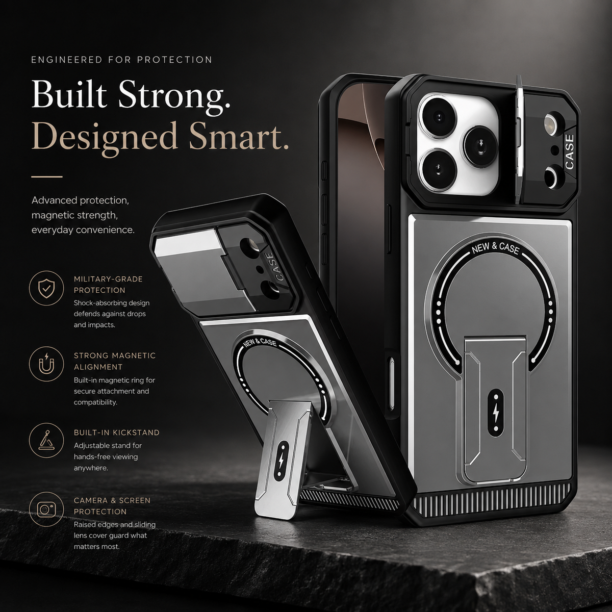 Premium iPhone Case MagSafe Magnetic Shockproof Armor Protective Cover PC Kickstand Bracket Anti Scratch Non Slip Slim Rugged Reinforced Bumper Case