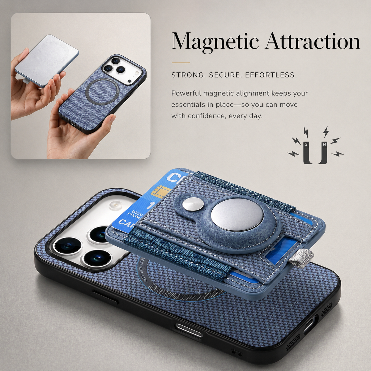 Premium iPhone Case MagSafe Magnetic Wallet Cover AirTag Card Holder Shockproof Anti Scratch Non-Slip PC + TPU Protective Wireless Charging Slim Design